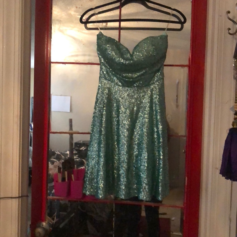 Teal strapless sequin dress